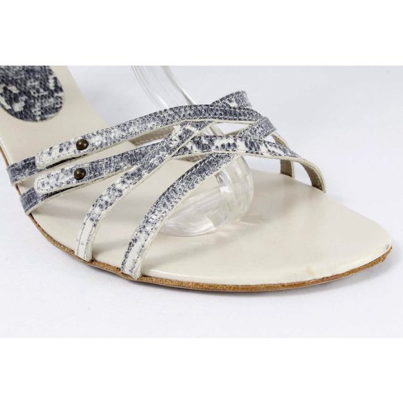 FURLA Blue & Cream Snakeskin Embossed Leather Strappy Ankle Strap Heel Sandals - Picture 5 of 8